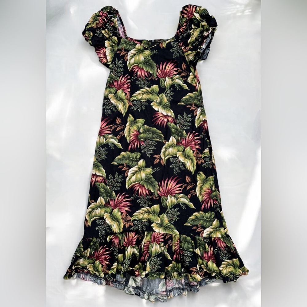 Hilo Hattie Shirred Puff Sleeve Muu Muu Ruffle muumuu maxi Hawaii Hawaiian L